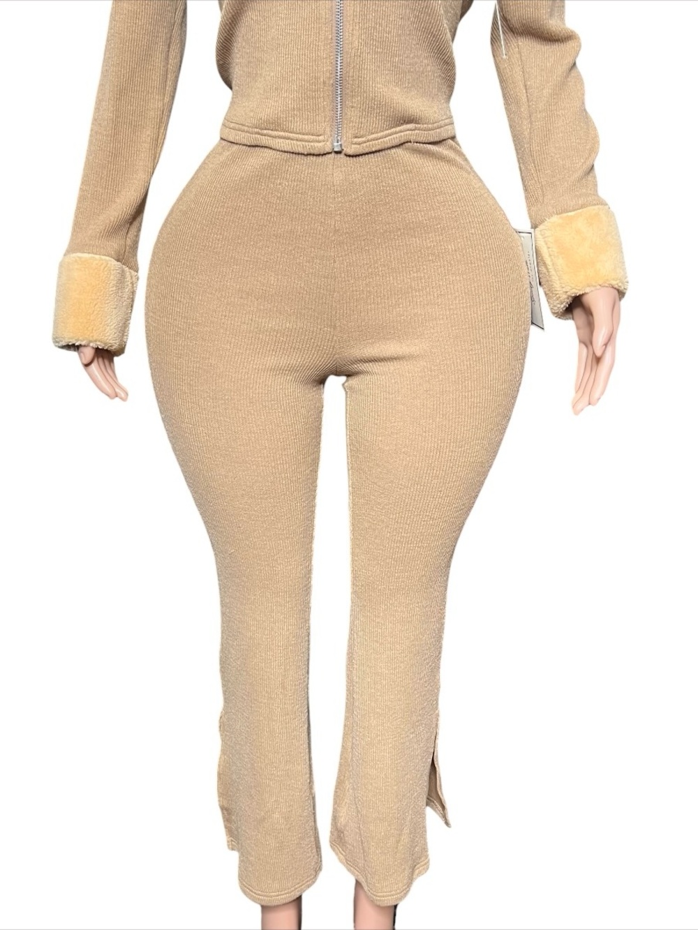 Beige Zip-Front Two-Piece Pantsuit with Faux Fur Trim - Picture 3 of 5